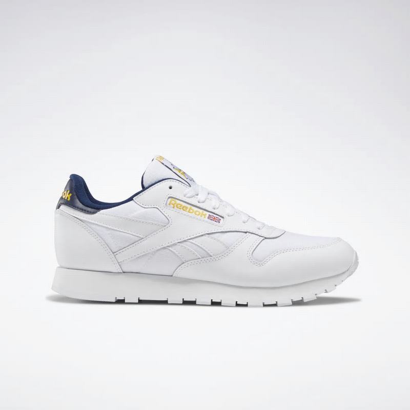 Tenisi Reebok Classic Leather Barbati Albi/Bleumarin/Galbeni Romania YU5405PI